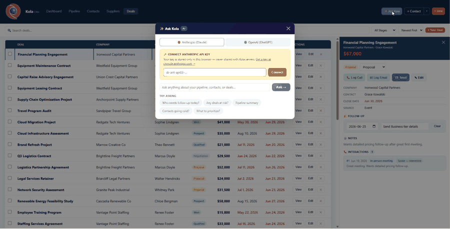 Ask Kola AI command bar with a natural language query typed against live CRM data